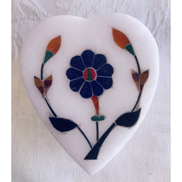 Marble Inlaid Stone Trinket Box India Vintage Heart Shaped Flower Valentines - Picture 8 of 8